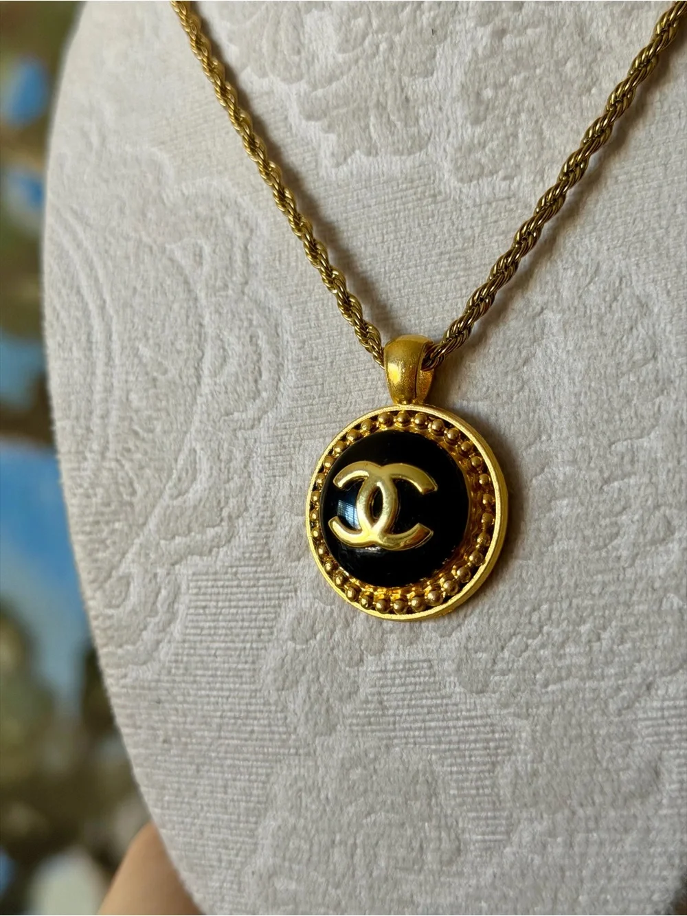 CHANEL Gold and Black Round CC Medallion Necklace
